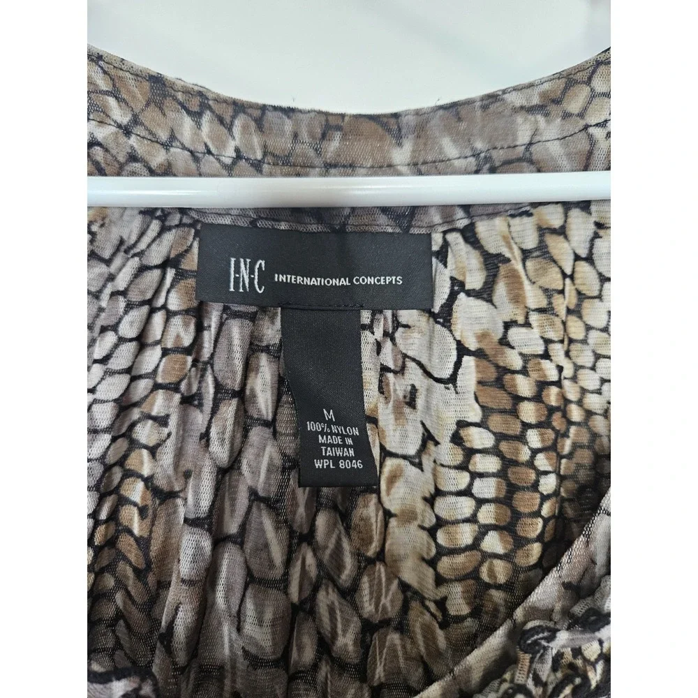 INC International Concepts Top M Brown Snake Print Ruffle Neck Short Sleeve‎
